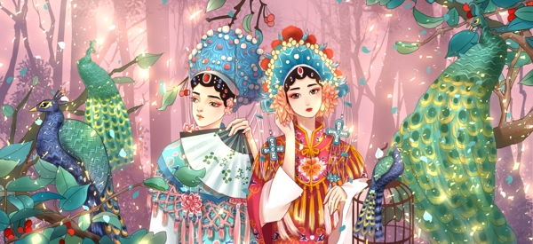 戏服女性传统复古插画背景素材图片