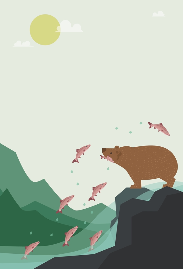 捕食鲑鱼的棕熊海报背景素材