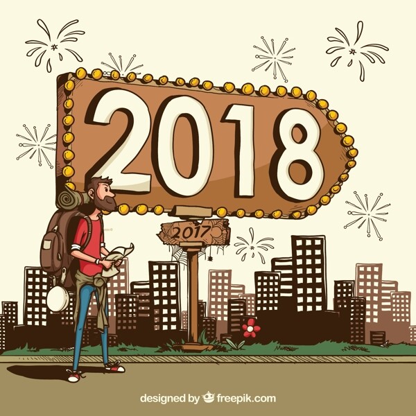 彩繪背包客和2018年路牌矢量圖