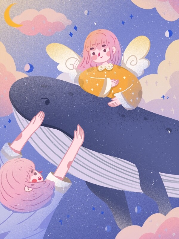 鲸鱼和女孩治愈系星空浪漫唯美梦幻创意插画
