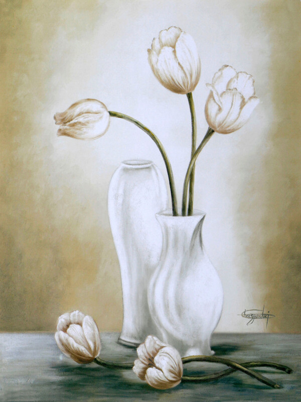 白色花瓶鲜花油画