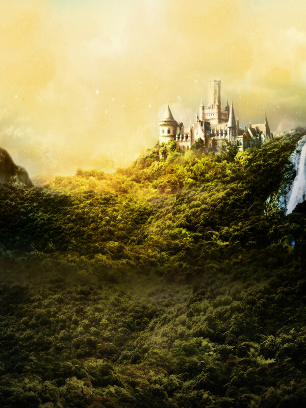 山林中的梦幻城堡影楼摄影背景图片