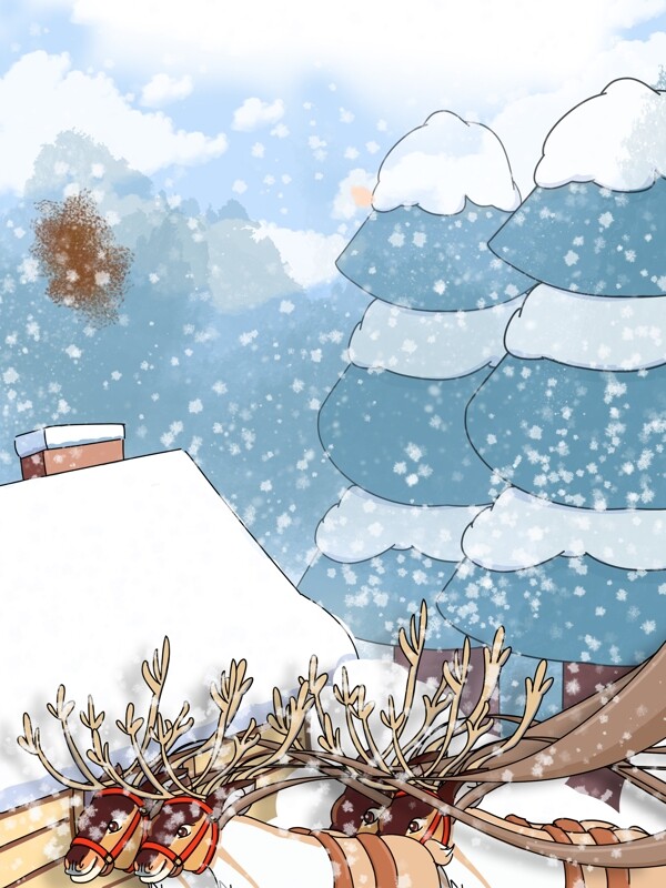 手绘冬季雪地麋鹿背景设计