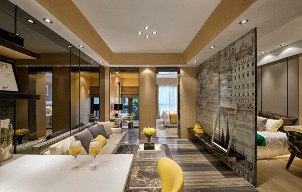 现代时尚客厅黄色柱子室内装修效果图