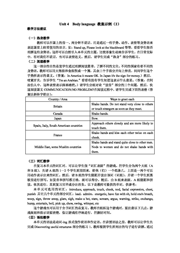 英語人教版必修四Unit4Bodylanguage