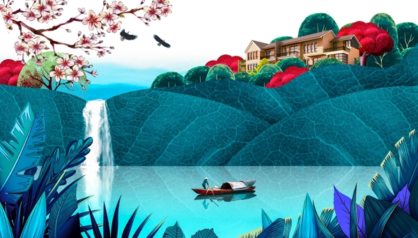 地产山水复古插画背景素材