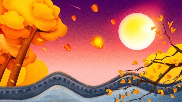 创意彩绘中秋节天空孔明灯插画背景设计