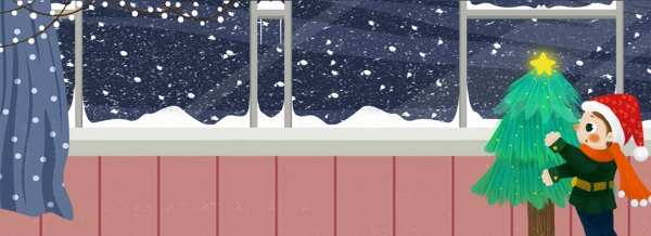 冬日窗前装饰圣诞树的男孩插画背景