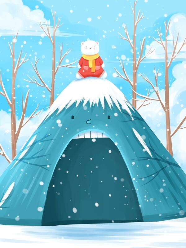 手绘冬季雪地帐篷背景设计