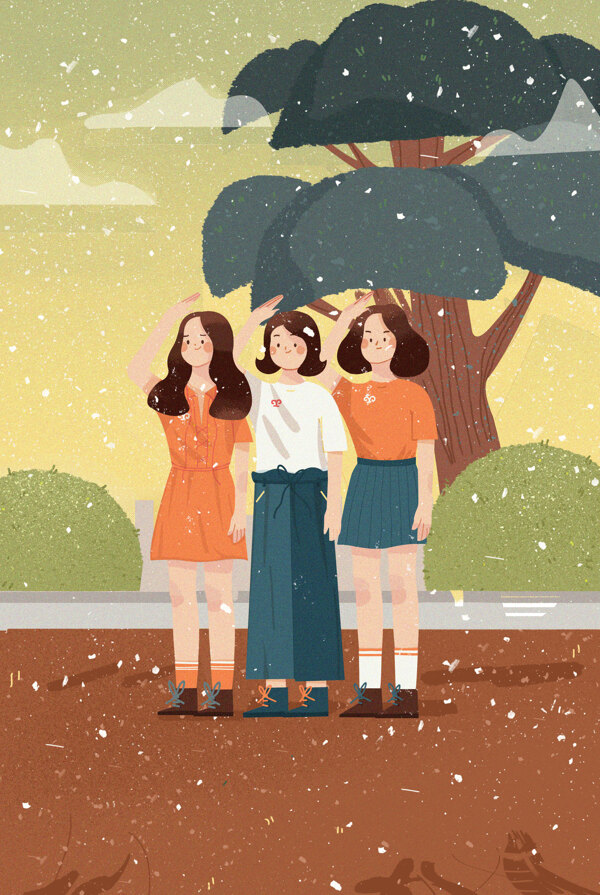 手绘卡通三个女孩在树下敬礼背景