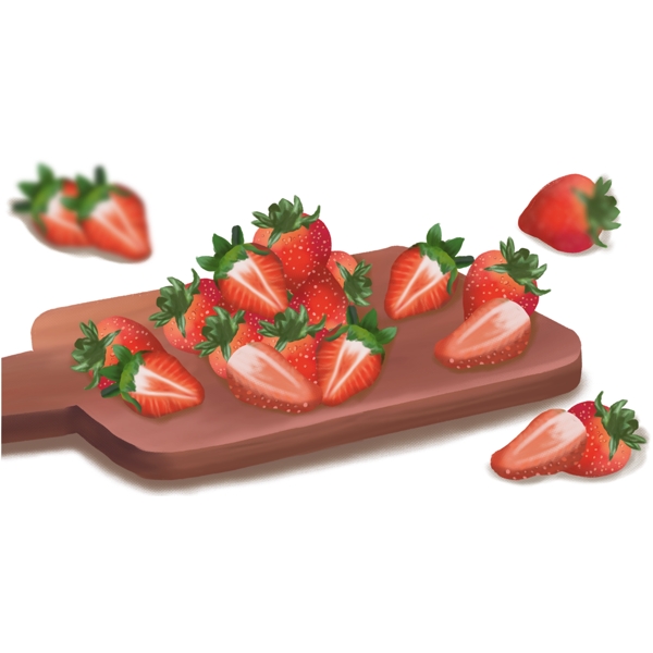 手绘案板上的新鲜草莓元素