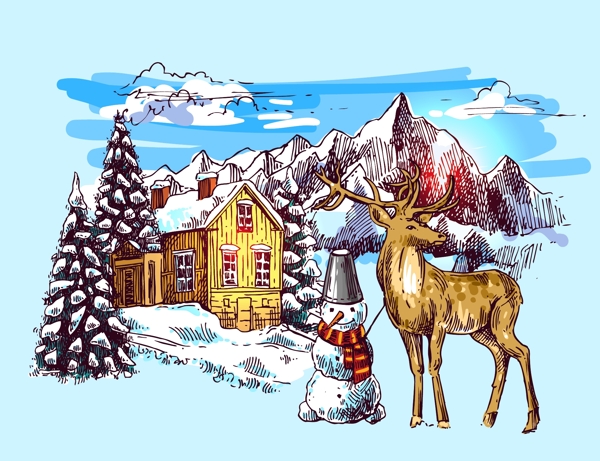 手繪冬天里的馴鹿和雪人插畫(huà)