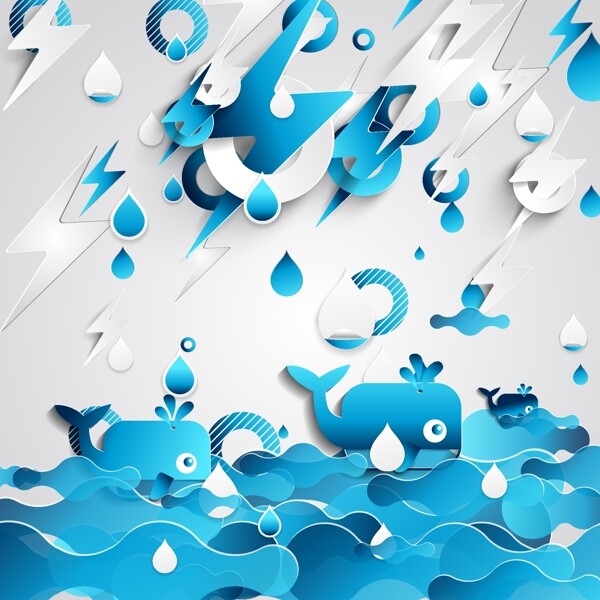 蓝色扁平立体海豚插画