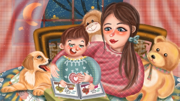 母亲节妈妈陪孩子阅读读书玩具宠物狗狗夜晚