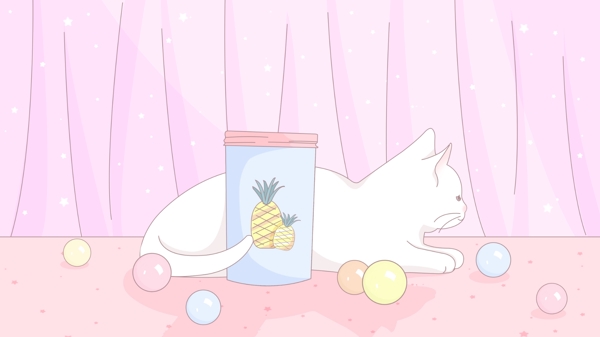 少女心粉色萌宠插画躲在杯子后的猫