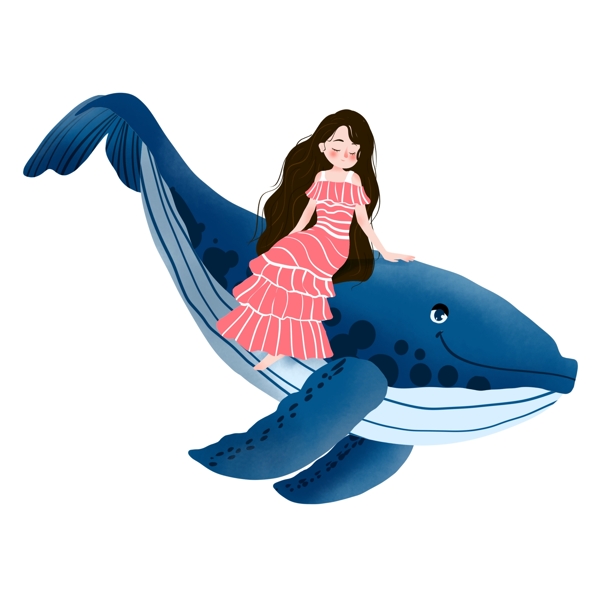 卡通簡(jiǎn)約女孩和鯨魚(yú)裝飾素材