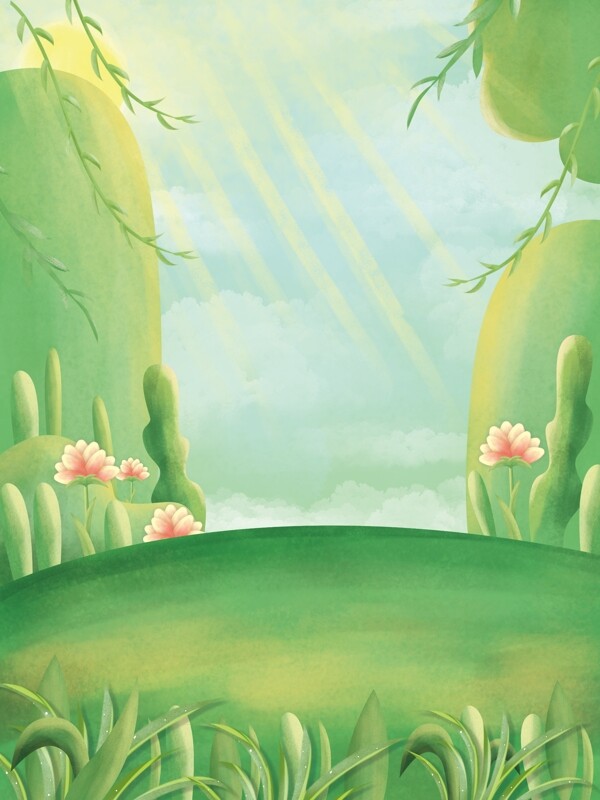 卡通手繪綠色植物風(fēng)景插畫背景