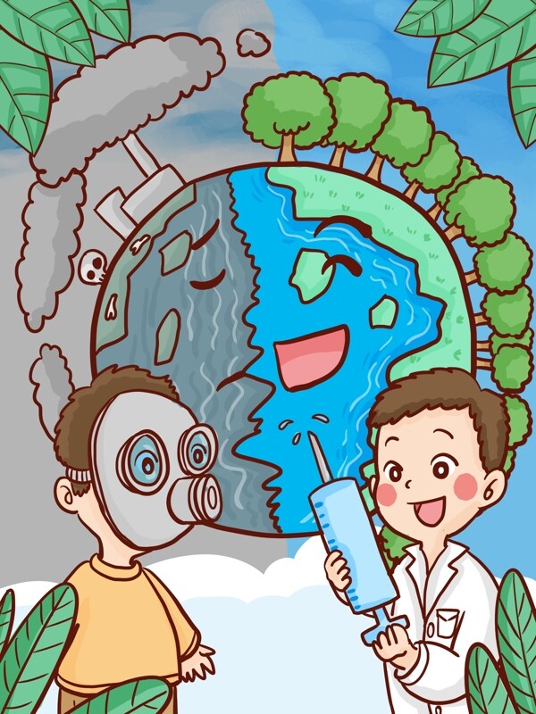 世界环境日医生为地球治理环境手绘原创插画