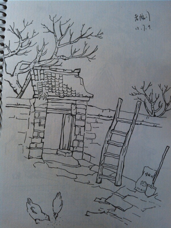 钢笔手绘老村风景图片