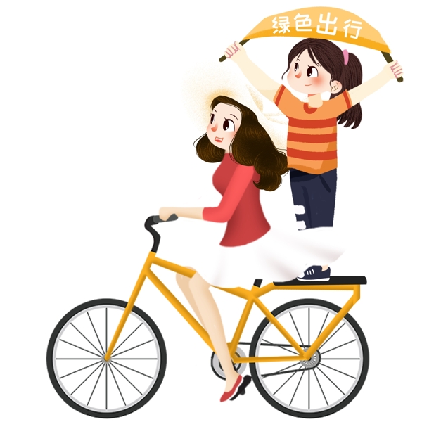 手繪綠色出行騎自行車的女孩子