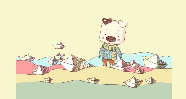 手绘卡通小猪纸船思念插图