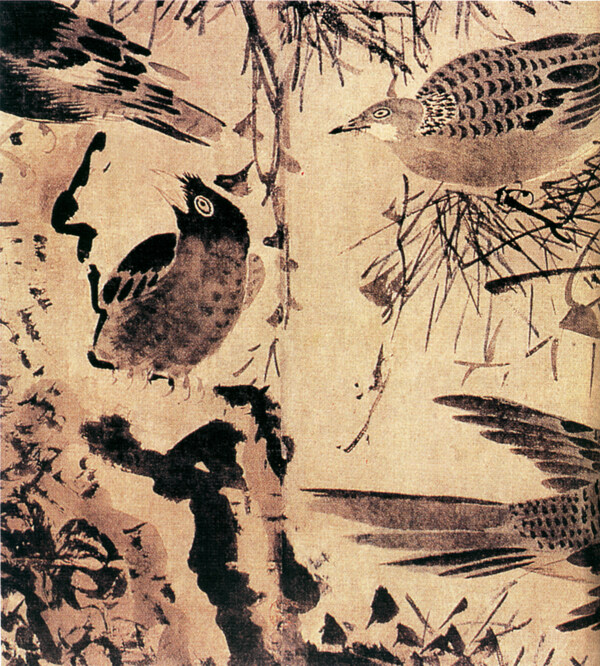 中国花鸟画名家林良书画真迹灌木集禽图之一