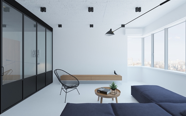 现代时尚极简客厅墨蓝色沙发室内装修效果图
