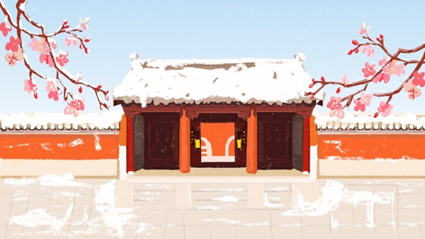 雪景下的红墙灰瓦古风建筑插画0