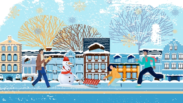 11月你好街道旁堆雪人滑雪矢量插画