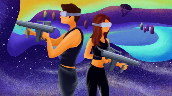 科技未来VR虚拟技术枪战类VR游戏插画