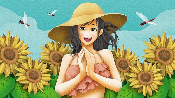 小清新夏天向日葵蜻蜓戴帽子的美女原创插画