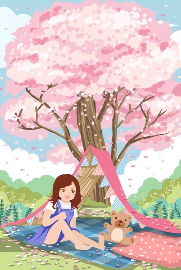 夏季人物女性樱花树插画素材