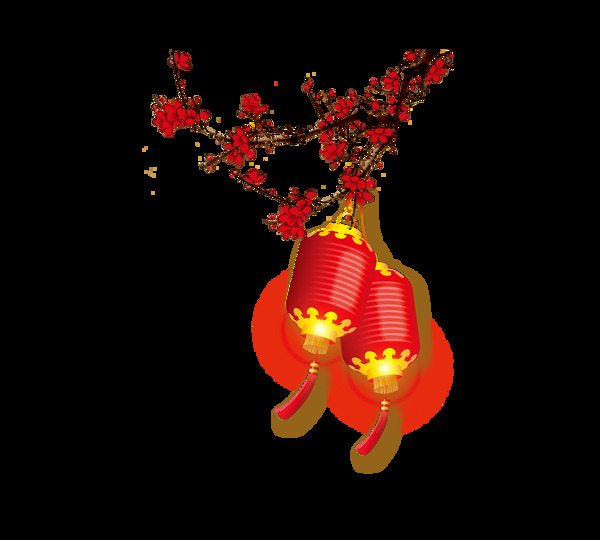 手繪紅梅燈籠元素