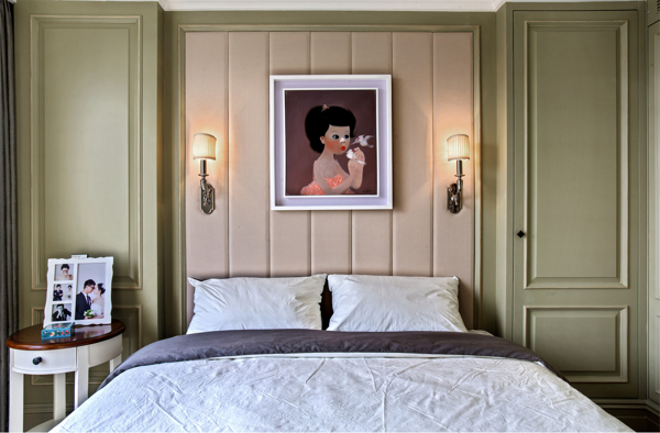 中式时尚卧室浅粉色背景墙室内装修效果图