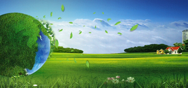 綠色草地大樹banner背景素材