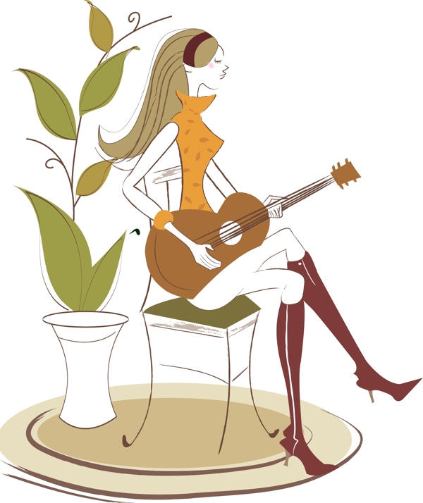韩国插画美女音乐吉他图片