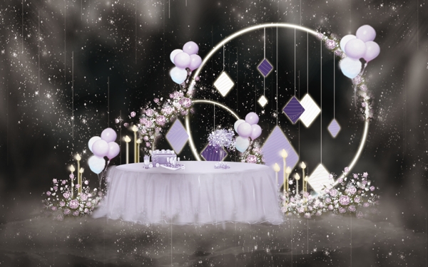 线条简约紫色大气婚礼甜品工装效果图