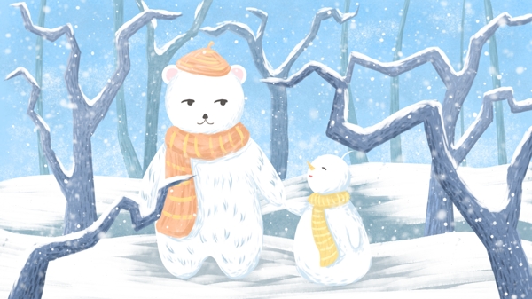 山物记插画11月你好树林雪地里的熊和雪人