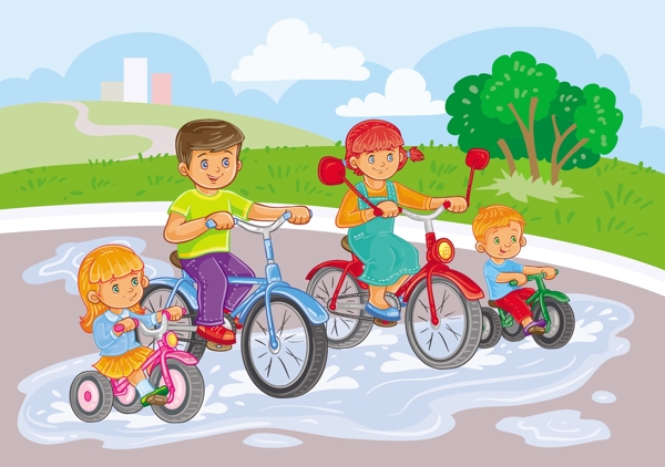 小孩子们在公园里骑自行车