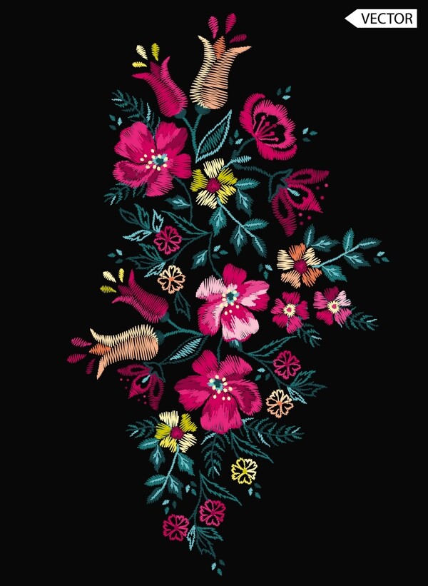 彩色刺绣花卉矢量素材