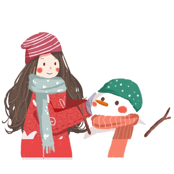 唯美清新冬季堆雪人的女孩可商用元素