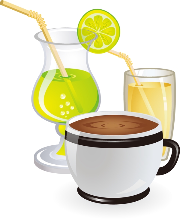 清新柠檬绿茶与原味咖啡矢量图