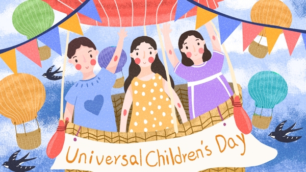 世界儿童日坐热气球的孩子天空翱翔