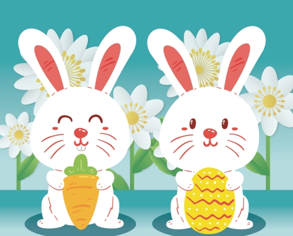 可爱白兔在春季白色花丛