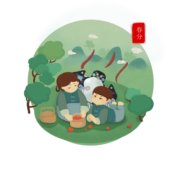 手繪卡通春游場景放風(fēng)箏