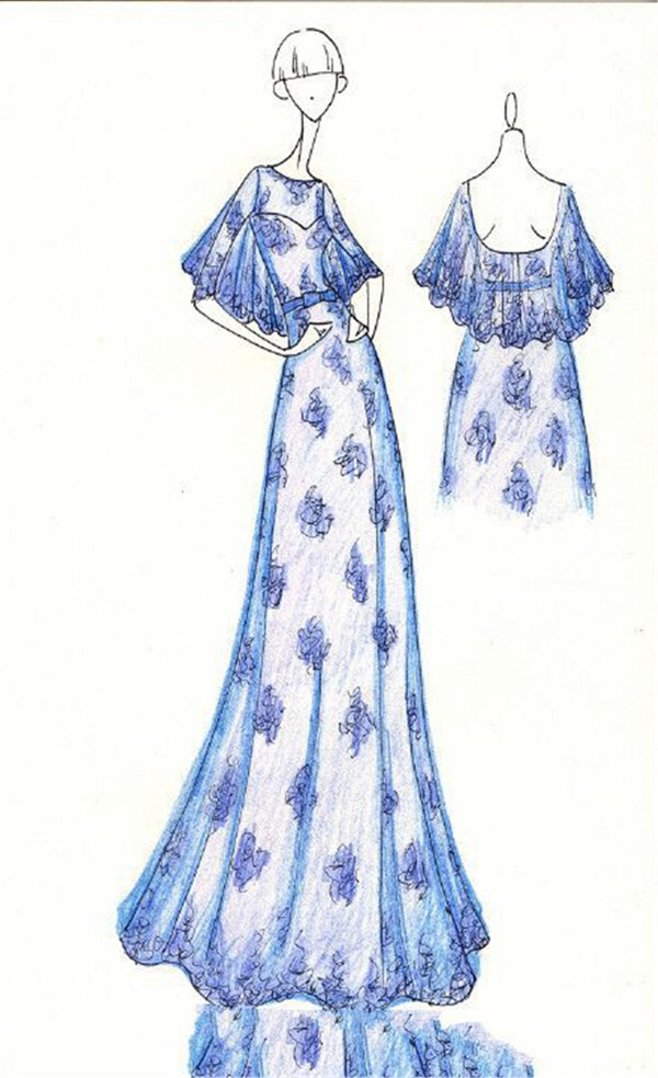 蓝色花朵礼服设计图