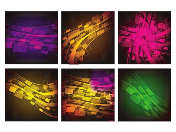 六个抽象效果集包括紫色几何条纹圆点和发光波
