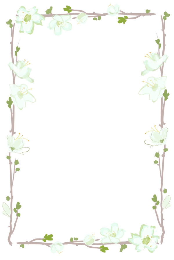 清新水彩白色樱花花蕾花枝边框