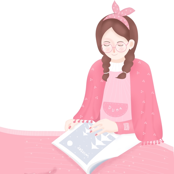 粉色小清新看书的女孩