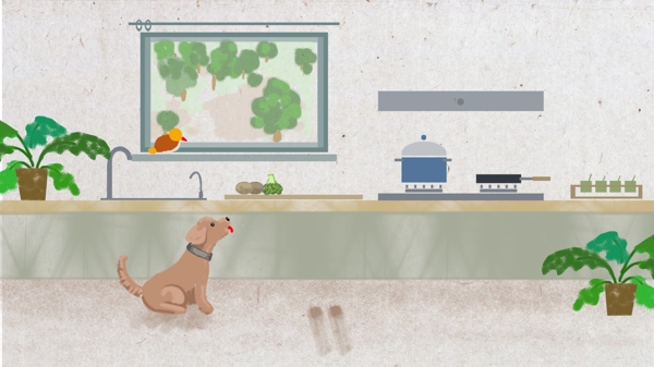 彩绘家居厨房绿植狗狗背景素材
